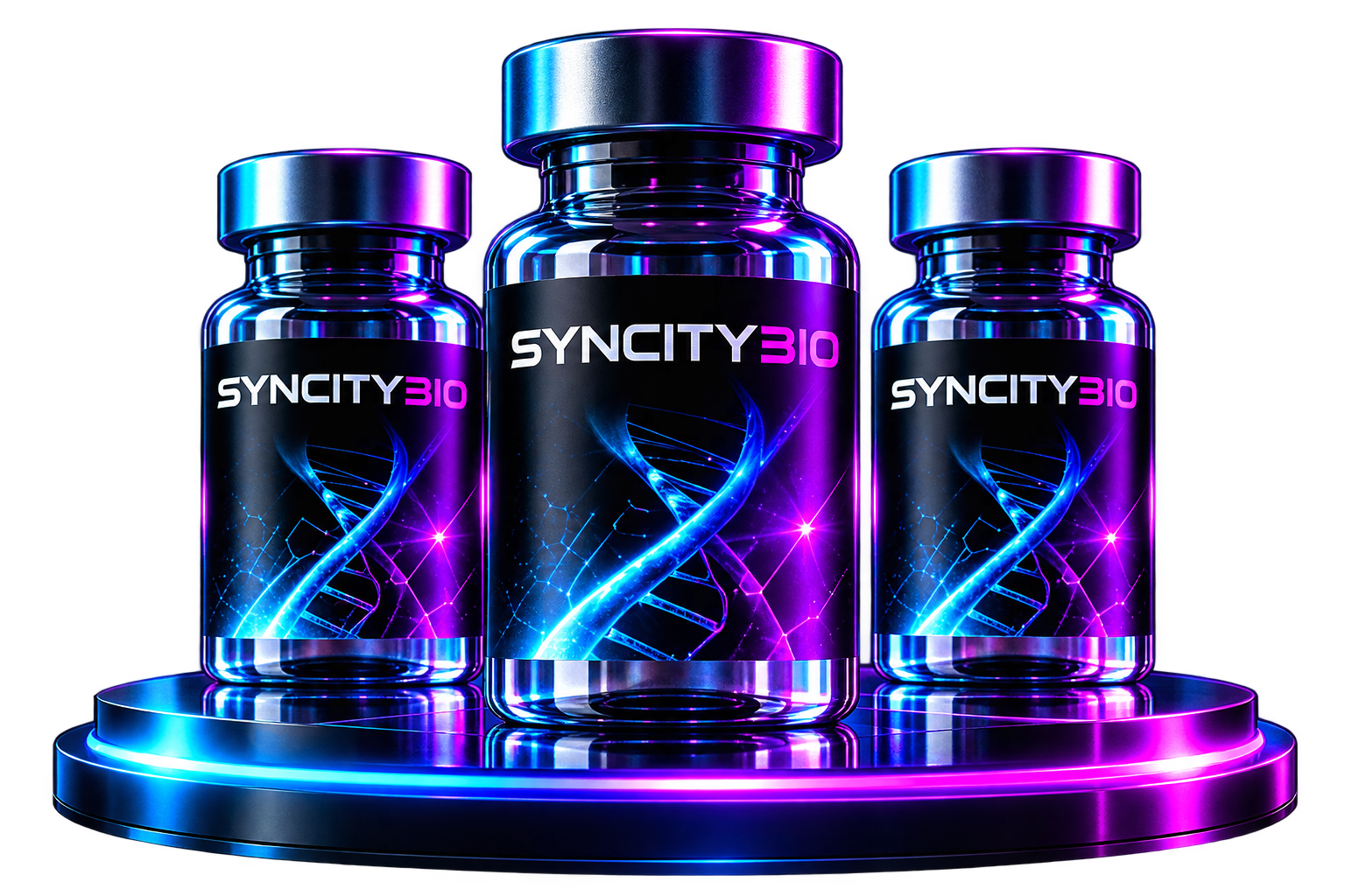 SYNCITYBIO research vials illuminated by a glowing DNA helix